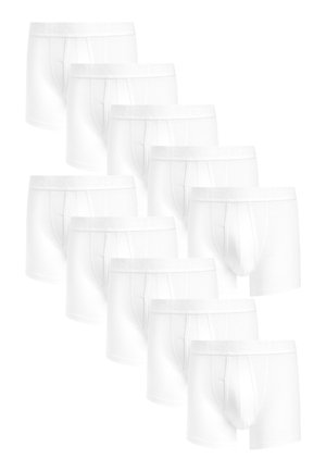 White boxer briefs, cotton material, elastic waistband with logo, mid-thigh length, front fly opening, displayed in a grid formation.