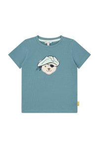 Teal katoenen T-shirt met een piratenbeerafbeelding, inclusief een blauwe baret en een ooglapje. Korte mouwen en een ronde halslijn met een genaaide label.