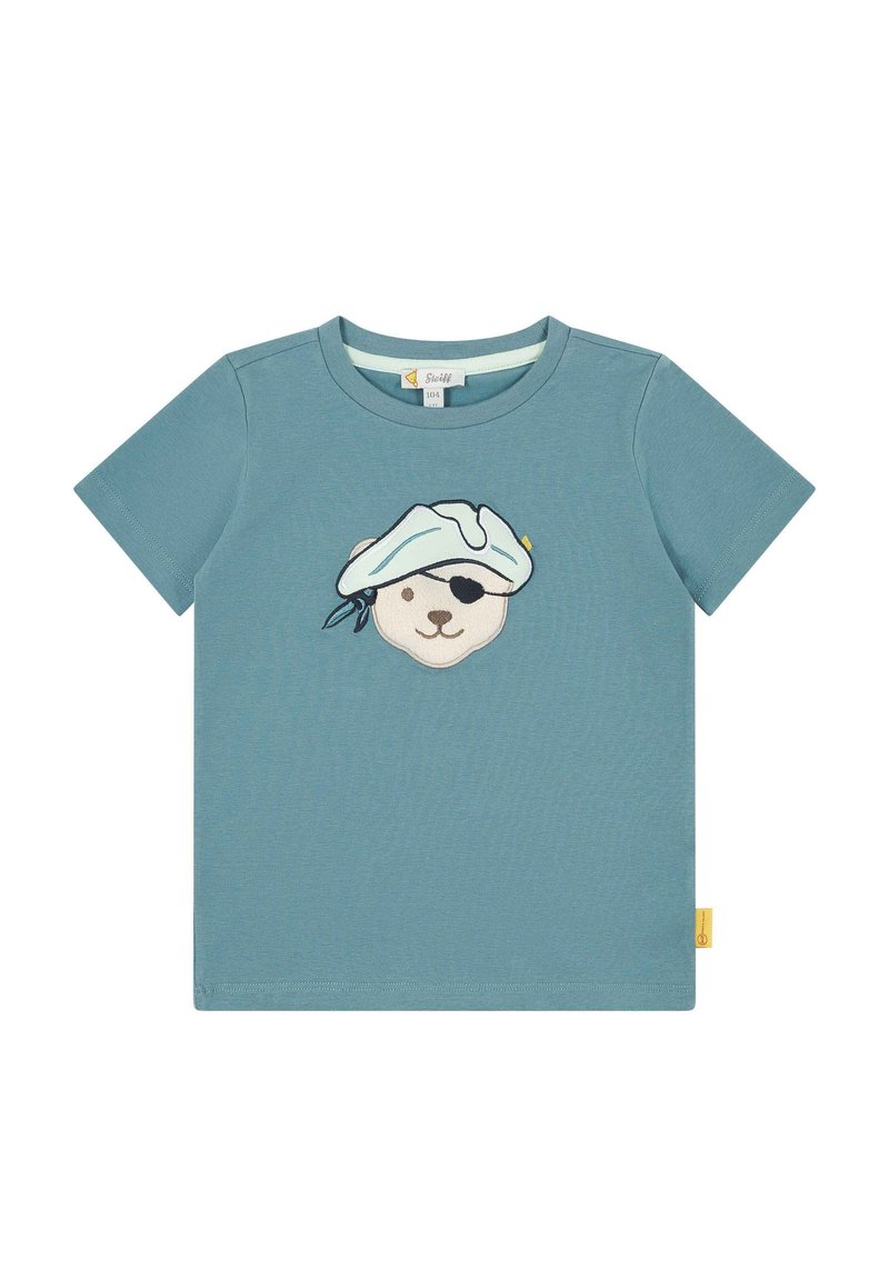 Teal katoenen T-shirt met een piratenbeerafbeelding, inclusief een blauwe baret en een ooglapje. Korte mouwen en een ronde halslijn met een genaaide label.