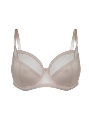 Biustonosz z drucikiem w miękkim odcieniu nude z siateczkowym overlayem. Posiada lekko usztywniane miseczki, regulowane ramiączka oraz dekoracyjny element centralny.