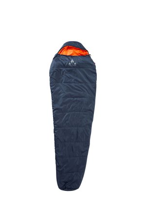 Dunkelblauer Mumien-Schlafsack mit orangefarbenem Innenfutter und Whistler-Logo nahe dem oberen Rand, vollständig ausgebreitet vor weißem Hintergrund.