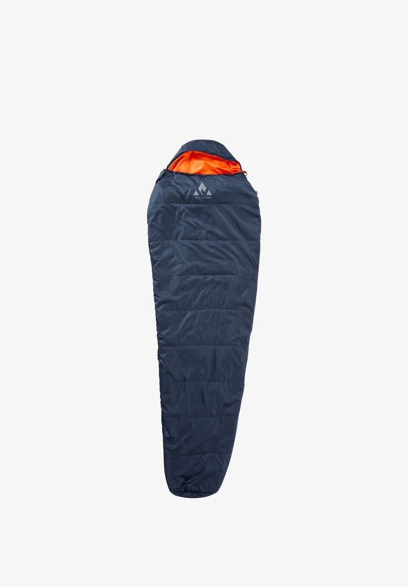 Sac de couchage bleu marine style momie avec doublure intérieure orange et logo Whistler près du haut, entièrement déployé sur fond blanc.
