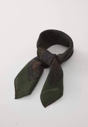 Écharpe vert foncé avec un motif paisley dans des teintes de bleu et de marron, avec une texture légère et des extrémités pointues pour le nouer.
