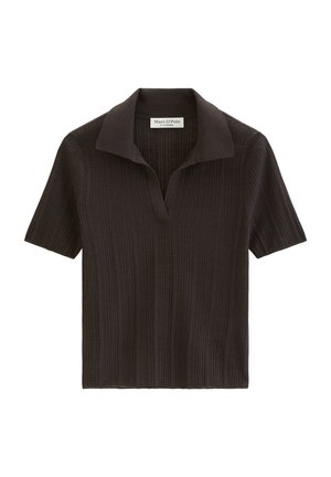 Kurzärmeliges, dunkelbraunes geripptes Strick-Poloshirt mit Kragen und V-Ausschnitt, mit dem Label Marc O'Polo.
