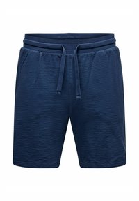 Pantalones cortos elásticos de cintura con cordón en azul marino, con una tela texturizada y bolsillos laterales. Diseño casual para comodidad y flexibilidad.