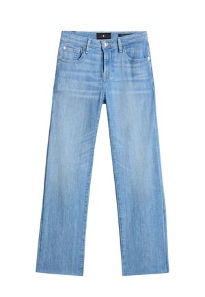 Jeans denim colore azzurro chiaro a gamba dritta con bottone frontale, cerniera e design a cinque tasche, distesi su uno sfondo bianco.