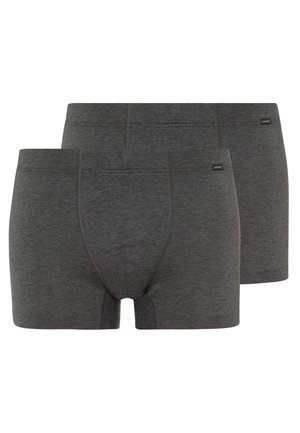 Kaksi paria tummanharmaita puuvillaboksereita, joissa on litteät saumat, ommeltu vyötärönauha ja muotoiltu pussi mukavuuden ja istuvuuden takaamiseksi.