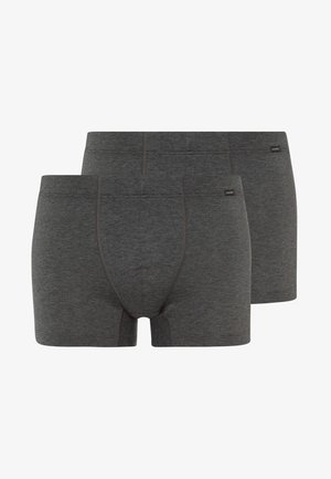 Kaksi paria tummanharmaita puuvillaboksereita, joissa on litteät saumat, ommeltu vyötärönauha ja muotoiltu pussi mukavuuden ja istuvuuden takaamiseksi.