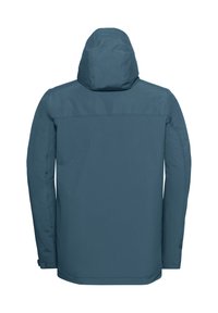 Donkerblauwe, hoodie-jack met een gladde, matte afwerking en rechte snit met zichtbare stiksels. Vakken en verstelbare manchetten zijn niet weergegeven.