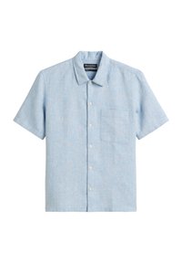Kurzarm, hellblaues Hemd aus strukturiertem Stoff. Verfügt über einen Button-Down-Kragen, eine Brusttasche und weiße Knöpfe.