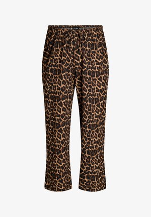 Løse bukser med leopardprint, elastisk taljebånd og snørelukning, designet til afslappet brug.