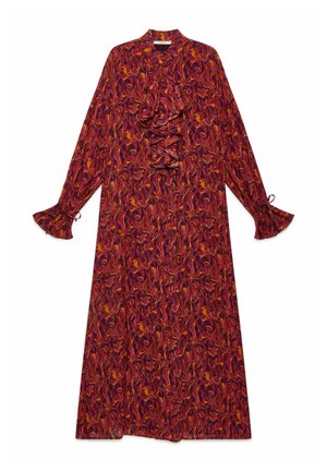 Abito midi a maniche lunghe con motivo floreale rosso e arancione, davanti arricciato, collo alto e polsini svasati con fiocco su sfondo bianco.