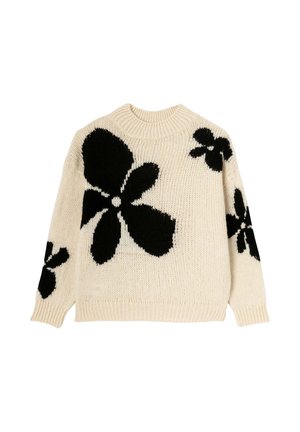 Pull en maille crème avec de grands motifs floraux noirs, présentant un col rond et une coupe décontractée. Tissu texturé avec des poignets côtelés.