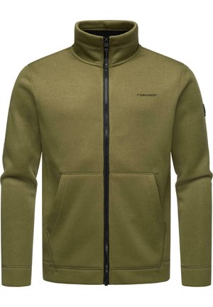 Olive green zip-up jacket made of ribbed fabric, featuring a high collar, two front pockets, and black zipper detailing.