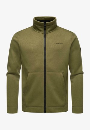 Olive green zip-up jacket made of ribbed fabric, featuring a high collar, two front pockets, and black zipper detailing.