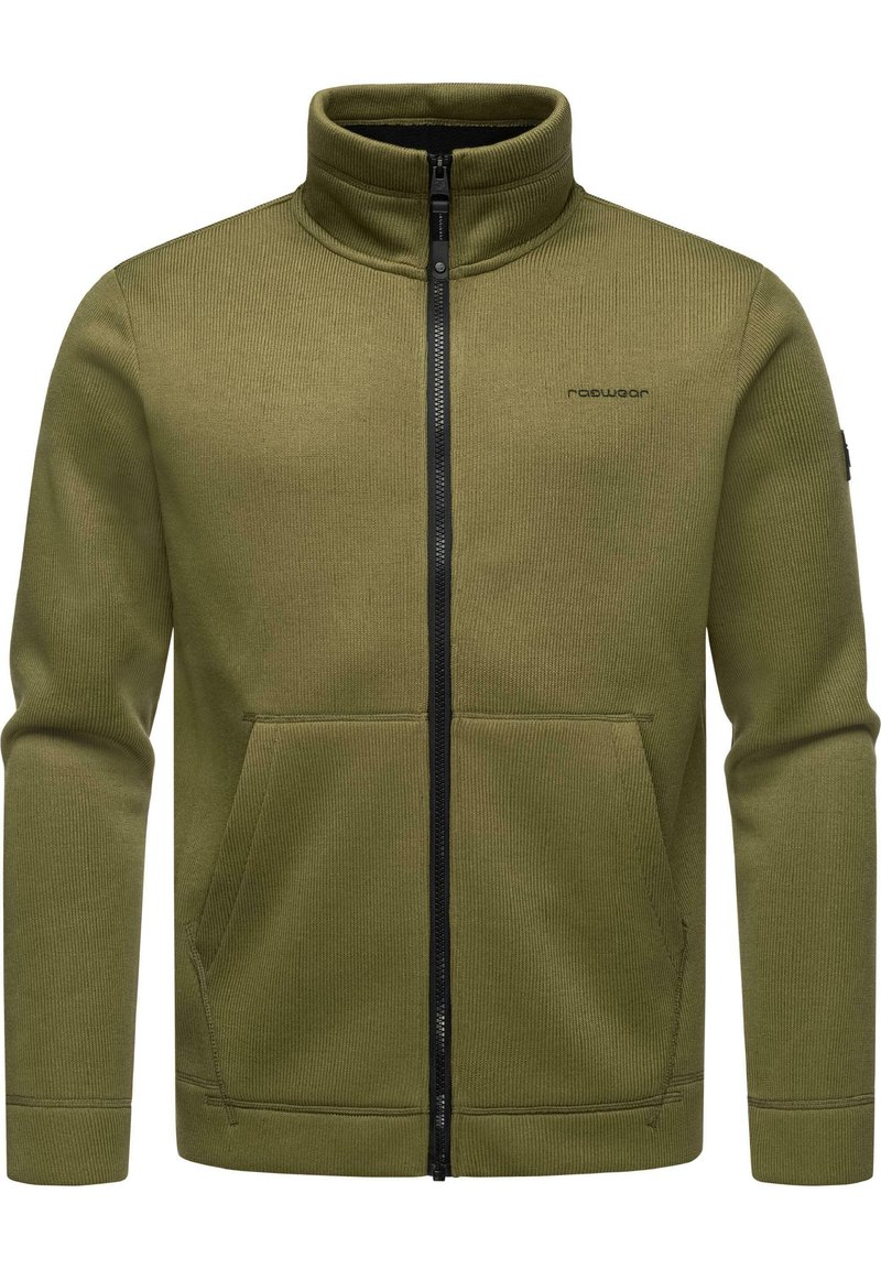 Giacca zip-up verde oliva realizzata in tessuto a costine, con colletto alto, due tasche frontali e dettagli in zip nera.