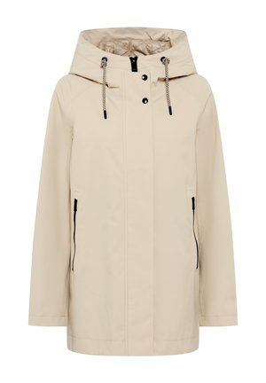 Beige hooded rain jacket with front zipper, snap buttons, drawstring hood, and zippered side pockets.