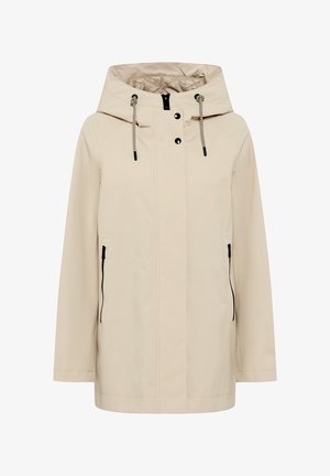 Beige hooded rain jacket with front zipper, snap buttons, drawstring hood, and zippered side pockets.