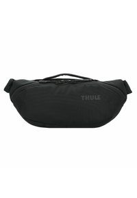 Marsupio in nylon nero dal design elegante, con scomparto principale con zip e una piccola tasca laterale. Presenta il marchio "THULE" sulla parte anteriore.