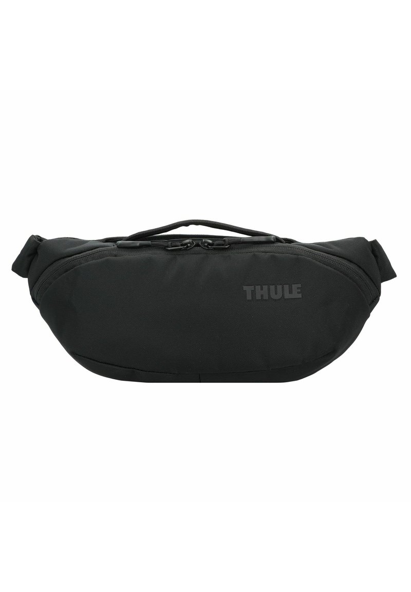 Marsupio in nylon nero dal design elegante, con scomparto principale con zip e una piccola tasca laterale. Presenta il marchio "THULE" sulla parte anteriore.