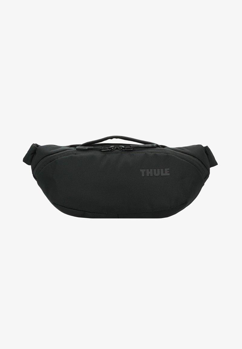 Marsupio in nylon nero dal design elegante, con scomparto principale con zip e una piccola tasca laterale. Presenta il marchio "THULE" sulla parte anteriore.