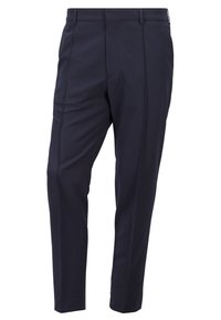 Pantalon habillé pour homme slim-fit bleu marine foncé avec un motif à carreaux subtil et des passants de ceinture, présenté sur fond blanc.