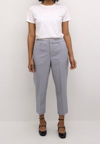 Lichtgrijze op maat gemaakte broek met een gladde textuur, voorzien van een hoge taille, nette plooien en een cropped enkellengte. Draagt een wit t-shirt en zwarte schoenen.