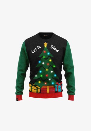 Light-up Christmas sweater in black with green sleeves, featuring a decorated tree, presents, and the text "Let it Glow" in white.