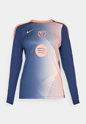 Dlhý rukáv športovej námahy v námorníckej modrej farbe s gradientným vzorom, svetloružovými akcentmi, logom Barcelony a grafikou Spotify v strede.