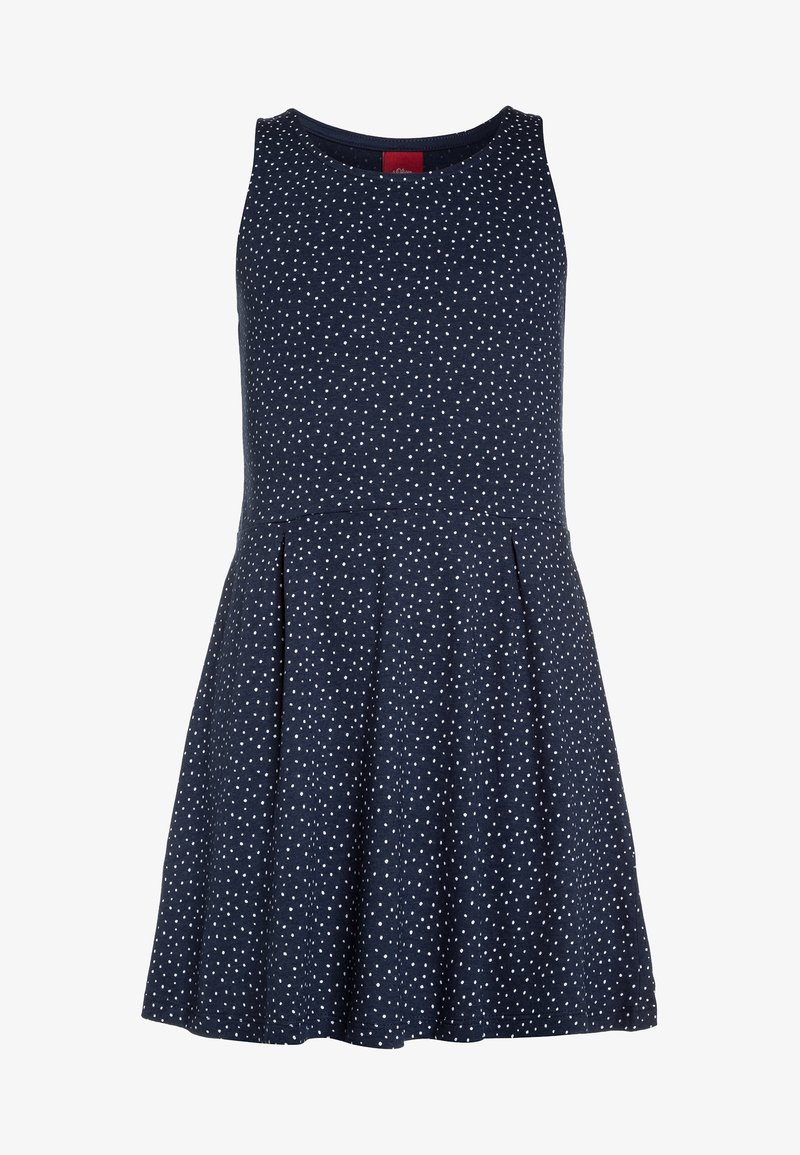 Robe sans manches bleu marine à pois blancs, corsage cintré et jupe légèrement évasée.