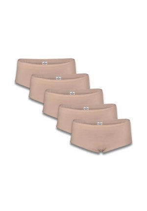 Pack de cinq culottes beige en coton avec une texture douce, taille mi-haute, et une étiquette logo subtile sur la ceinture avant.