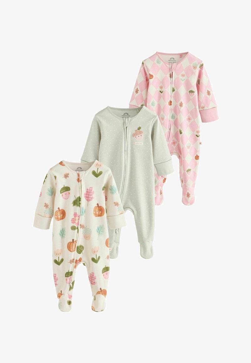 Tres pijamas para bebé con pies y mangas largas con cremallera frontal, con estampados de flores, calabazas y bellotas en colores rosa pastel, gris y crema.