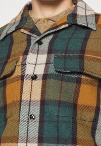 Detailní pohled na zelenou, hnědou a krémovou károvanou bundu na knoflíky s kapsami na hrudi, nošenou přes béžový pletený svetr.