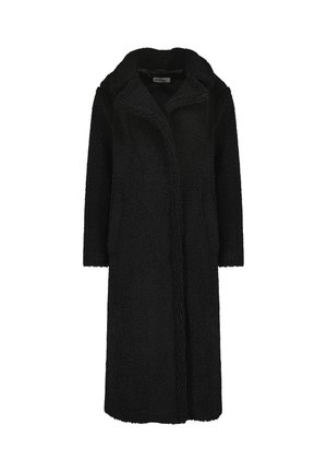 Schwarzer Kunstpelzmantel mit strukturiertem Finish, offener Vorderseite und Seitentaschen. Verfügt über einen breiten Kragen und Dreiviertelärmel.