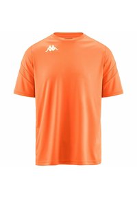 Camiseta de manga corta naranja hecha de una tela suave y ligera. Presenta un cuello redondo y un pequeño logo blanco en la parte superior izquierda del pecho.