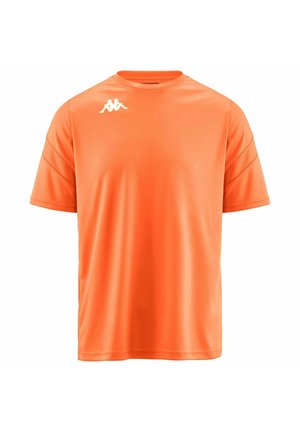 Oranje T-shirt met korte mouwen van soepel, lichtgewicht stof. Bevat een ronde hals en een klein wit logo op de bovenste linkerborst.