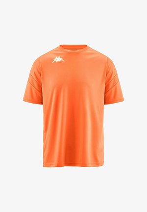 Oranje T-shirt met korte mouwen van soepel, lichtgewicht stof. Bevat een ronde hals en een klein wit logo op de bovenste linkerborst.