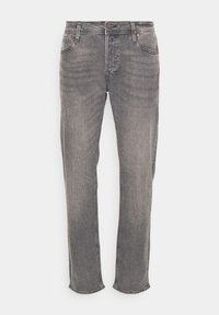 Jeans em denim cinza desbotado com um design de perna reta, apresentando cinco bolsos, um fecho frontal por botão e detalhes de costura visíveis.