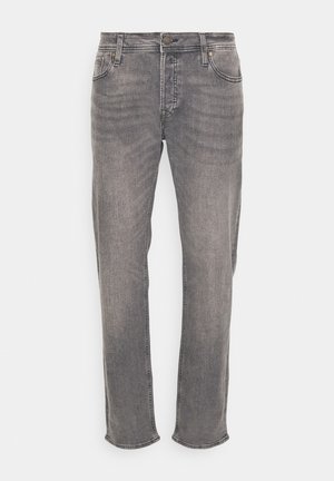 Faded grey denim jeans with a straight leg design, featuring five pockets, a front button closure, and visible stitching details.