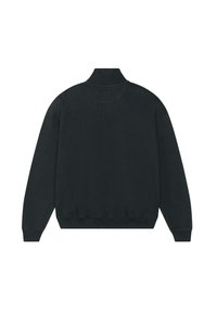 Sweat-shirt noir avec un col montant, des poignets et un ourlet côtelés. Texture lisse, design minimaliste, sans accessoires ni détails visibles.