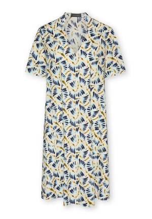 Kortærmet, knælængde kjole med V-hals, med et abstrakt fjerlignende mønster i blå, sort og gul på hvid baggrund.