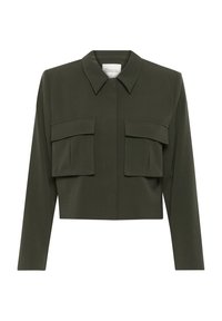 Veste courte en tissu vert foncé avec un col, des manches longues et deux poches à rabat à l'avant. Texture lisse et silhouette droite.