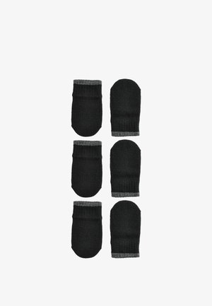 Czarne rękawiczki z ryżowym wzorem i szarymi mankietami, o zaokrąglonym kształcie. Cztery rękawiczki ułożone w pary, pokazujące podobne wzory.