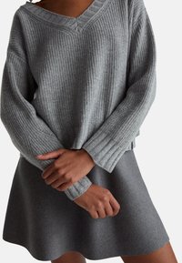 Grauer Strickpullover mit V-Ausschnitt und gerippten Bündchen, kombiniert mit einem grauen ausgestellten Rock. Weiche Textur, halblange Ärmel.