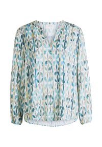 Blouse à manches longues avec décolleté en V, trois petits boutons, et un motif de feuilles bleu-vert sur fond blanc.