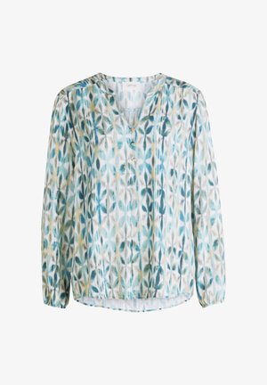 Bluzka z długim rękawem, z dekoltem w kształcie litery V, z trzema małymi guzikami i niebiesko-zielonym wzorem liści na białym tle.