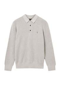 Grijze gebreide polo trui met een contrasterende kraag, drie knoopsluiting en subtiele logo-detail op de linker borst. Lange mouwen.