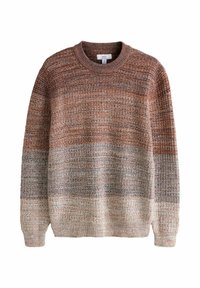 Sweter dzianinowy z okrągłym dekoltem, posiadający teksturowany wzór w kolorach brązowym, rdzawym i kremowym, z prążkowanymi mankietami i obrębem.