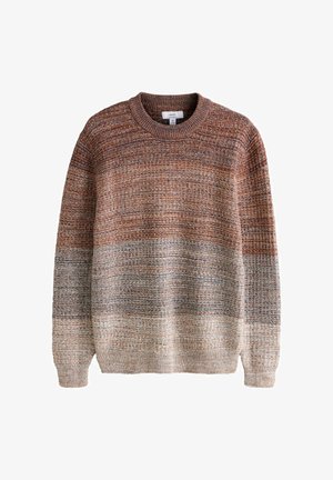 Sweter dzianinowy z okrągłym dekoltem, posiadający teksturowany wzór w kolorach brązowym, rdzawym i kremowym, z prążkowanymi mankietami i obrębem.