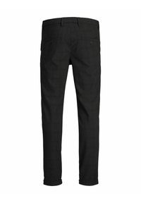 Black plaid trousers with a slim fit, featuring back pockets, belt loops, and rolled cuffs. Material appears textured with a slight sheen.